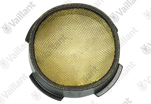 VAILLANT Filter mit einem goldfarbenen Maschengewebe in runder Form und schwarzem Rahmen, geeignet zur Verwendung in Heizsystemen.